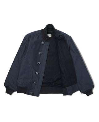 Navy deck hook jacket with hood, toggle front, and black inner lining