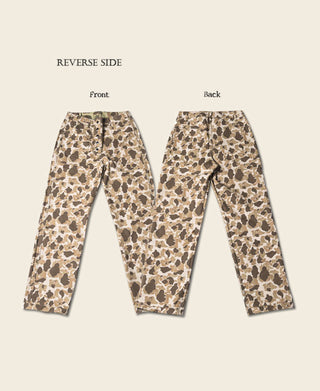 Reversible duck hunter camo pants showing reverse side front and back in light camo