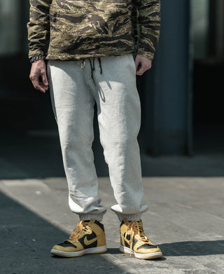 Light gray sweatpants with drawstring waist and ribbed ankle cuffs