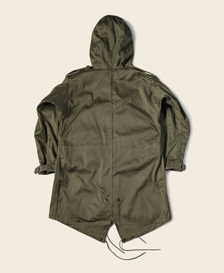 Olive M-1951 parka back view with hood and button front