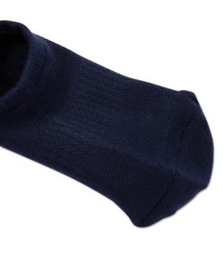 Navy cotton no-show sock, close-up of smooth knit toe and seam