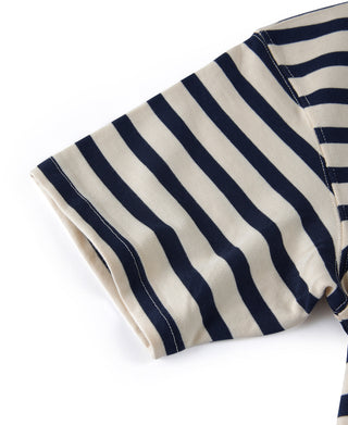 Breton striped T-shirt sleeve in cream and navy horizontal stripes, short cuff hem