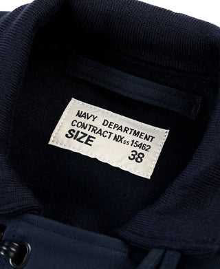 Navy deck hook jacket with interior size label at neckline