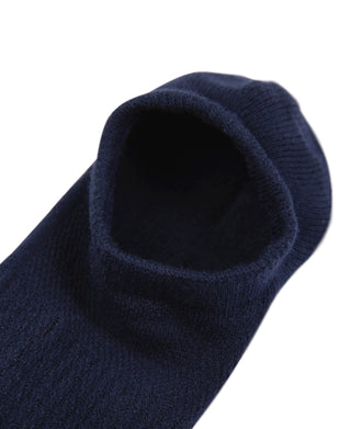 Navy cotton no-show sock, close-up of open cuff and ribbed opening
