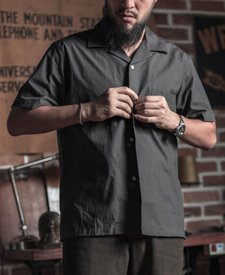 Dark gray open-collar short-sleeve button shirt, front close-up
