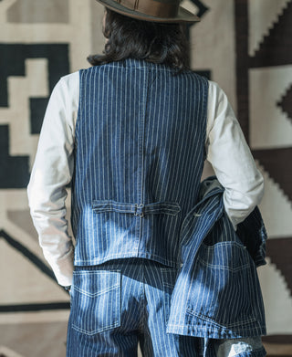 Indigo pinstripe work vest back with adjustable side strap and rear patch pockets