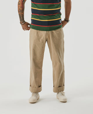 Khaki double-pleated chino trousers with belt loops and cuffed hem