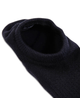 Black cotton no-show sock showing ribbed cuff and cushioned interior