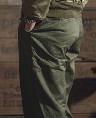 Olive M-43 field trousers close-up, back view showing seat and rear leg panel