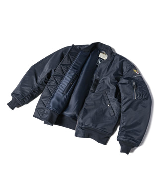 Navy bomber jacket laid flat, ribbed collar and cuffs with zip front