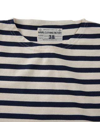 Breton striped T-shirt neckline with cream-and-navy horizontal stripes and brand label