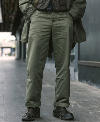 Olive M-43 field trousers close-up, straight legs with front seams and ankle cuffs