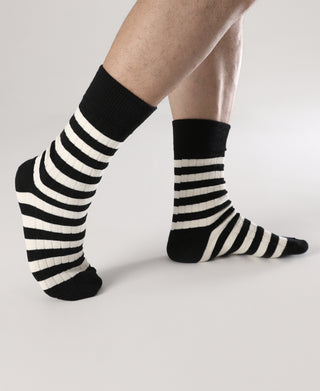 Black and white striped crew cotton socks, ribbed cuff and striped leg panel