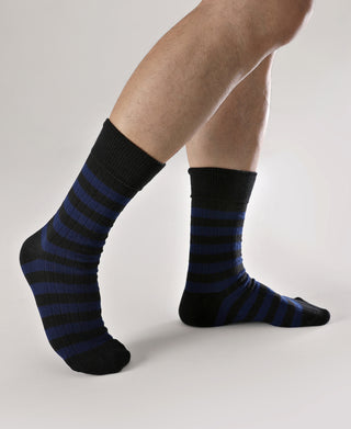Black and blue striped cotton crew socks with ribbed cuffs