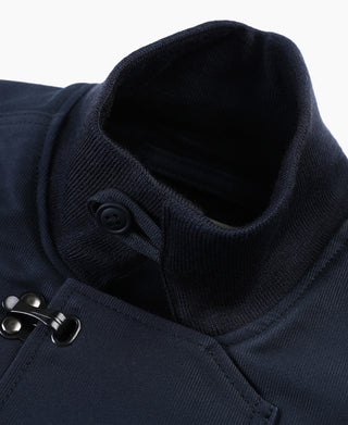 Navy deck hook jacket with ribbed collar and hook-and-eye front tab