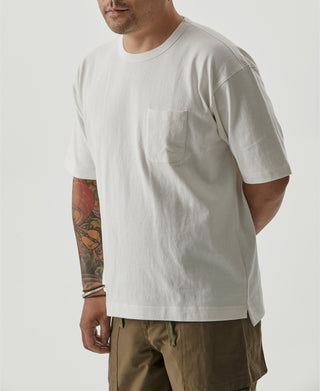 White cotton crew-neck T-shirt with chest pocket detail and short sleeves