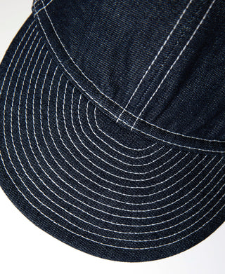 Indigo denim WWII A-3 style cap with curved top stitching and seams