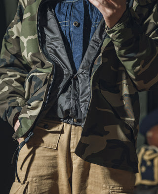 Woodland camo parka close-up showing front zip and blue inner panel.
