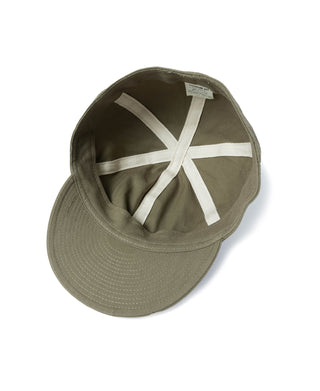 Olive A-3 flight cap interior lining with cross-back ribbon straps