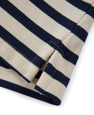 Breton striped T-shirt hem with cream and navy horizontal stripes and stitched cuff detail