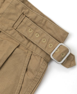 Khaki bermuda shorts hem with stitched strap detail and metal buckle