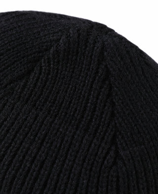 Black ribbed knit watch cap texture close-up
