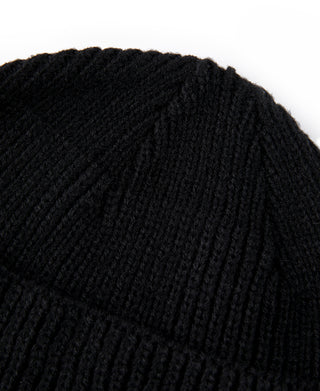Black knit watch cap close-up of ribbed crown texture