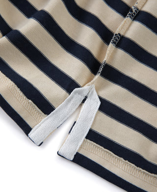 Breton striped T-shirt shoulder seam and placket with cream-and-navy horizontal stripes