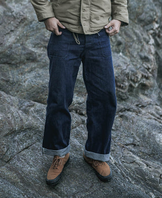 Dark navy denim pants with wide legs, cuffed hem, and front slash pockets