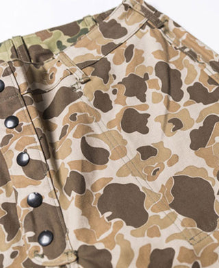 Duck hunter camo pants waistband and snap buttons close-up in tan and brown tones