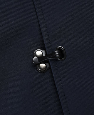 Navy deck hook jacket with black hook-and-eye closure detail