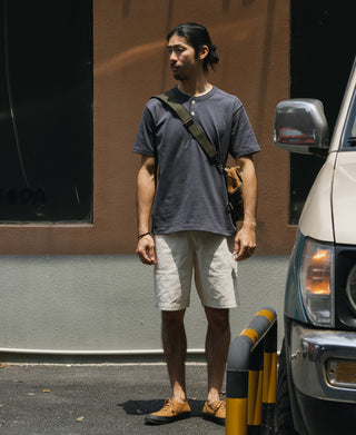 Dark gray henley T-shirt with three-button placket and short sleeves