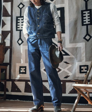 Indigo pinstripe work vest with five-button front and flap chest pocket
