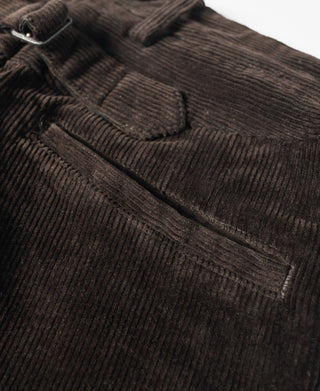 Corduroy work pants pocket with flap and dark button detail.