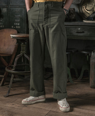 Olive utility fatigue pants on model, straight leg with cuffed hem