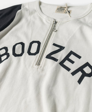 White quarter-zip raglan t-shirt chest graphic 'BOOZER' with metal zipper