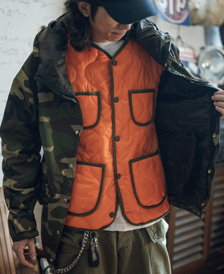 Orange quilted padded ripstop nylon jacket with dark-trimmed flap pockets on model