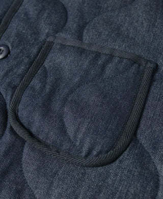 Close-up: navy denim padded vest pocket with stitched flap detail and buttons