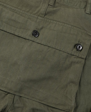 Olive cargo shorts leg pocket area with dark button fasteners