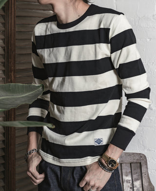 Black and white striped long sleeve T-shirt, crew neck, small chest logo patch