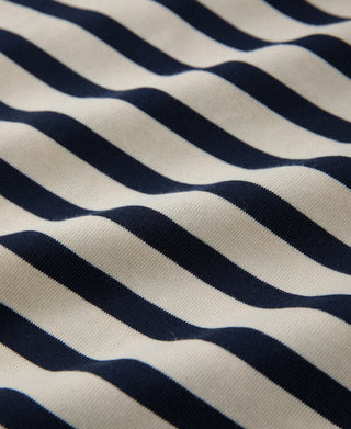 Breton striped T-shirt fabric with cream base and navy wavy horizontal stripe pattern