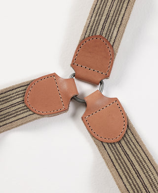Brown leather button connectors on khaki striped Y-back suspenders with metal rings