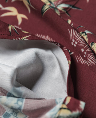 Wine red aloha shirt with ukiyo-e crane and tiger pattern, fabric close-up