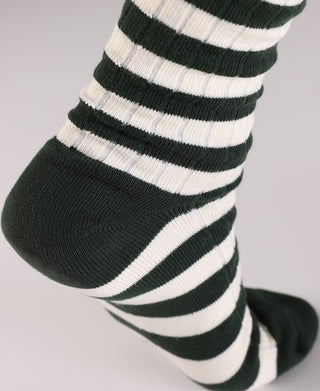 Close-up of green and white striped sock knit with ribbed cuff