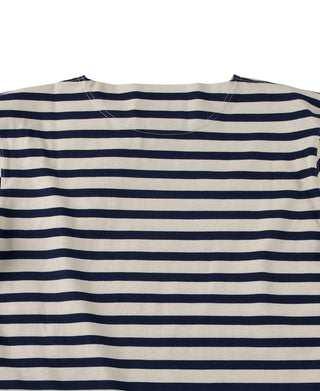 Breton striped T-shirt back view, cream and navy horizontal stripes, crew neck