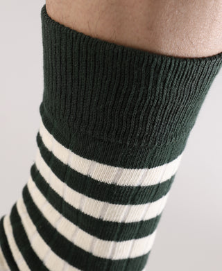 Close-up of dark green sock cuff with green and white stripe bands
