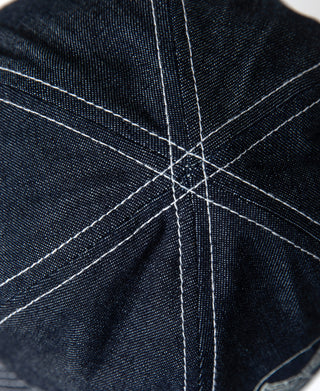 Indigo denim WWII A-3 cap crown with starburst cross-stitch seams