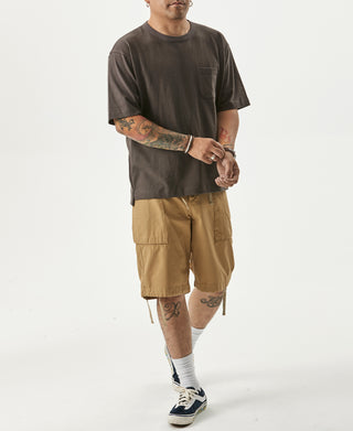 Dark gray cotton pocket T-shirt with crew neck, front view on a man