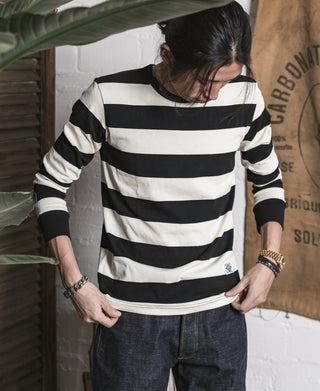 Black and white wide striped long sleeve T-shirt with crew neck and hem band