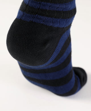 Close-up of black cotton sock heel and ankle stripes